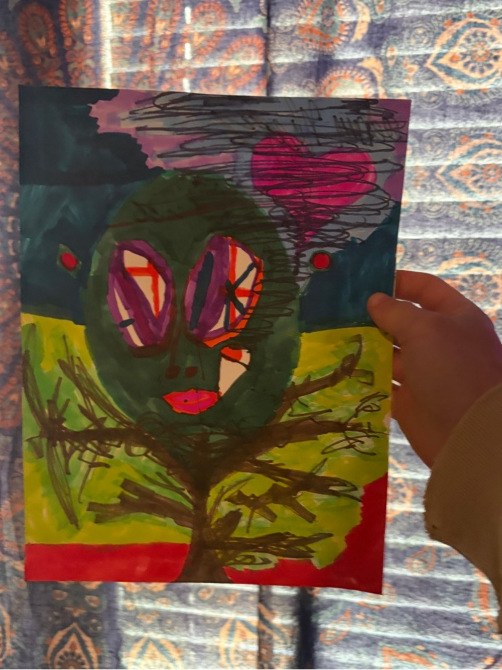 Alien A by Adam Moyer Green Abstract Face Home Art Print with Pink Accent